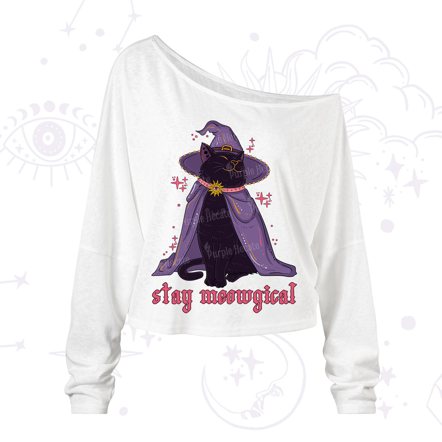 Purplehecate Stay Meowgical Cat One Shoulder Long Sleeve Shirt