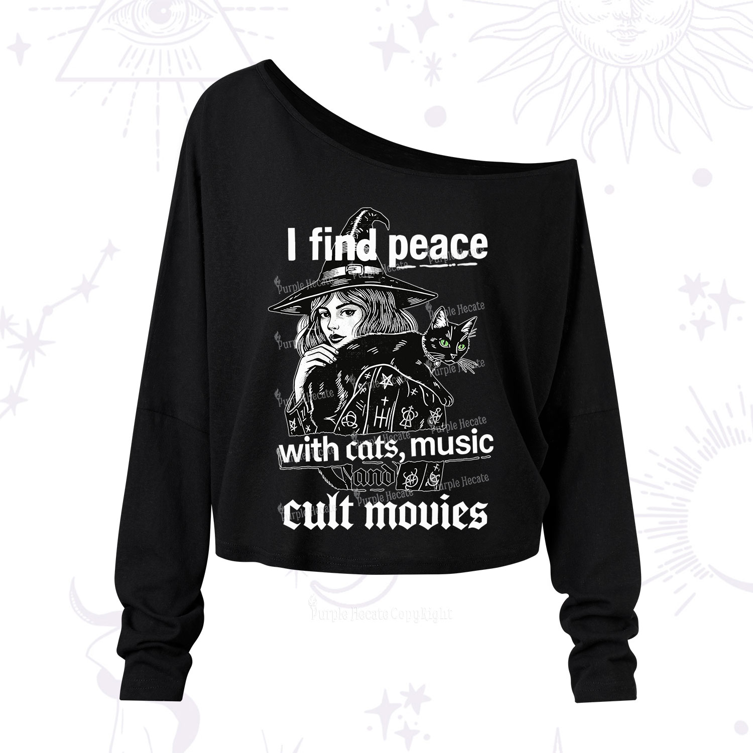 Purplehecate I Find Peace With Cats Music Cult Movies One Shoulder Long Sleeve Shirt