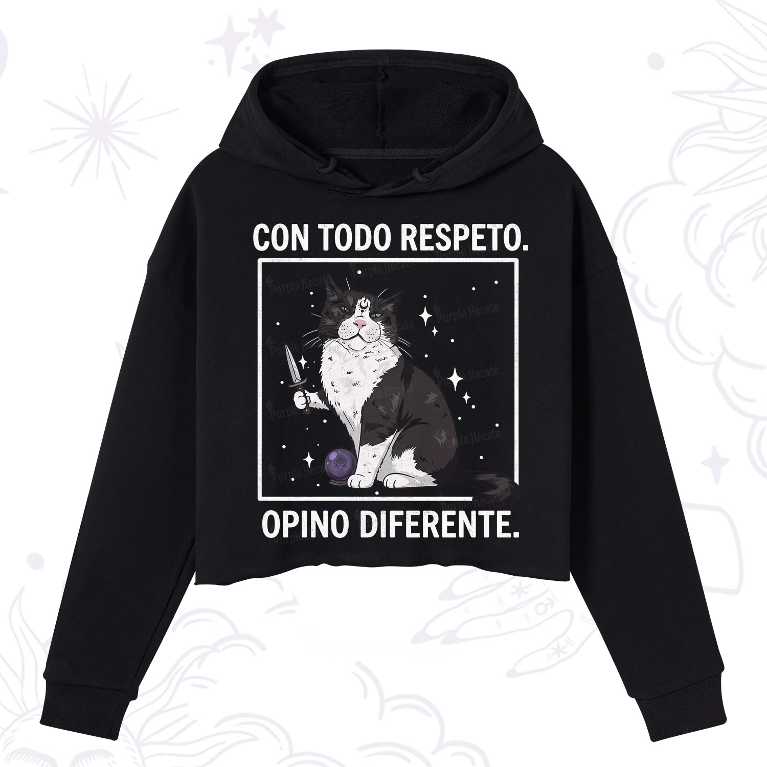 Purplehecate Funny Cat Con Todo Respeto Opino Diferente Crop Hoodie