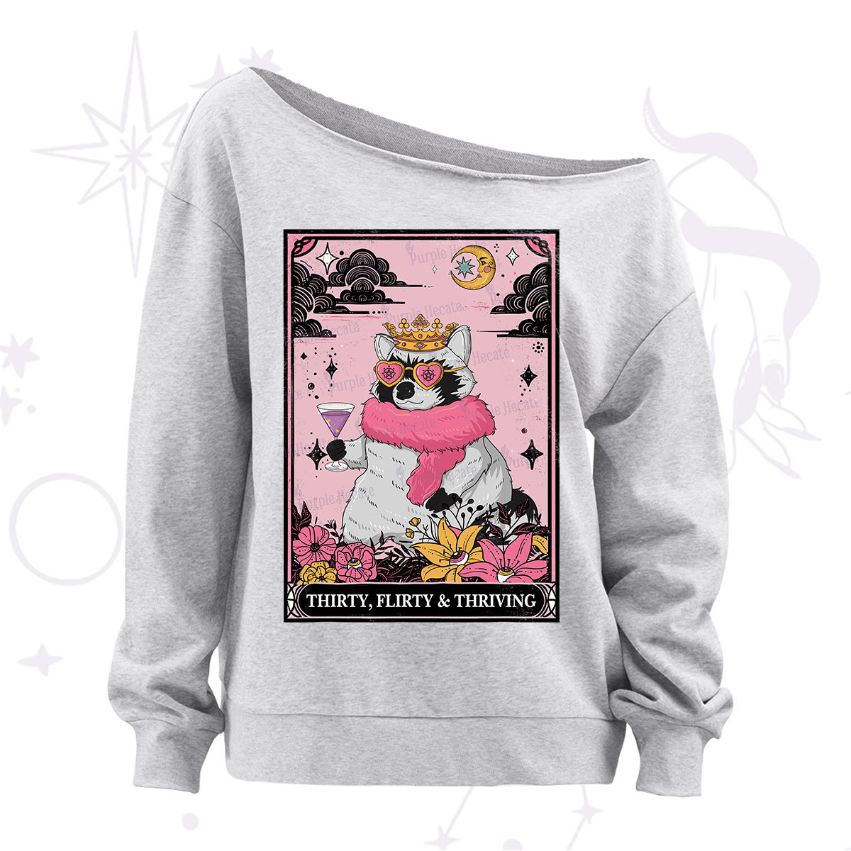 Purplehecate The Thirty Flirty Thriving Oracle Card Off The Shoulder Sweatshirt