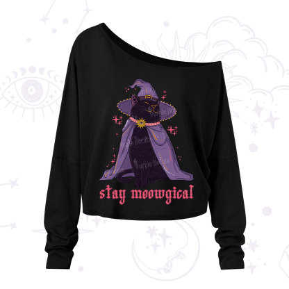Purplehecate Stay Meowgical Cat One Shoulder Long Sleeve Shirt