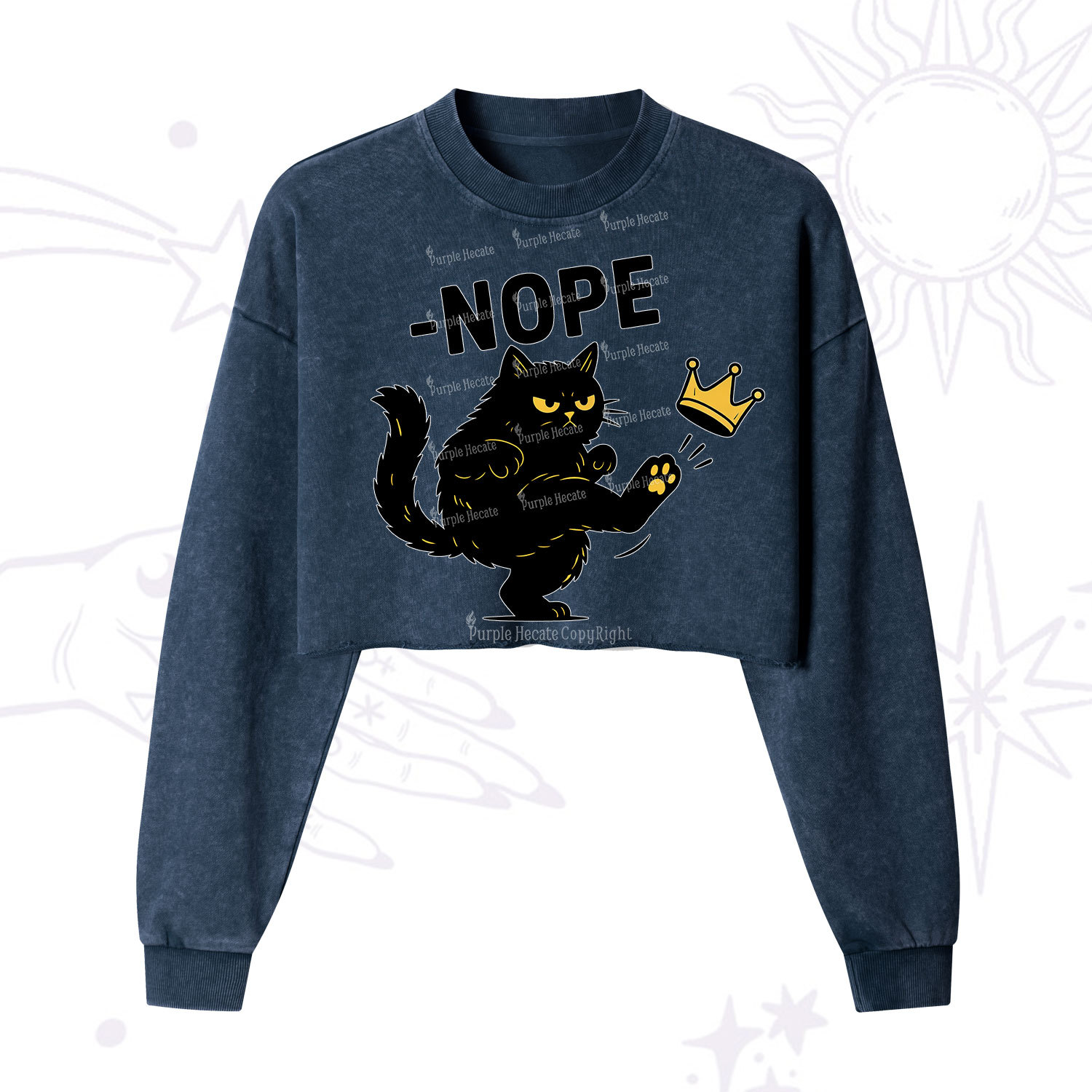 Purplehecate No Kings Black Cat Cropped Washed Sweatshirt