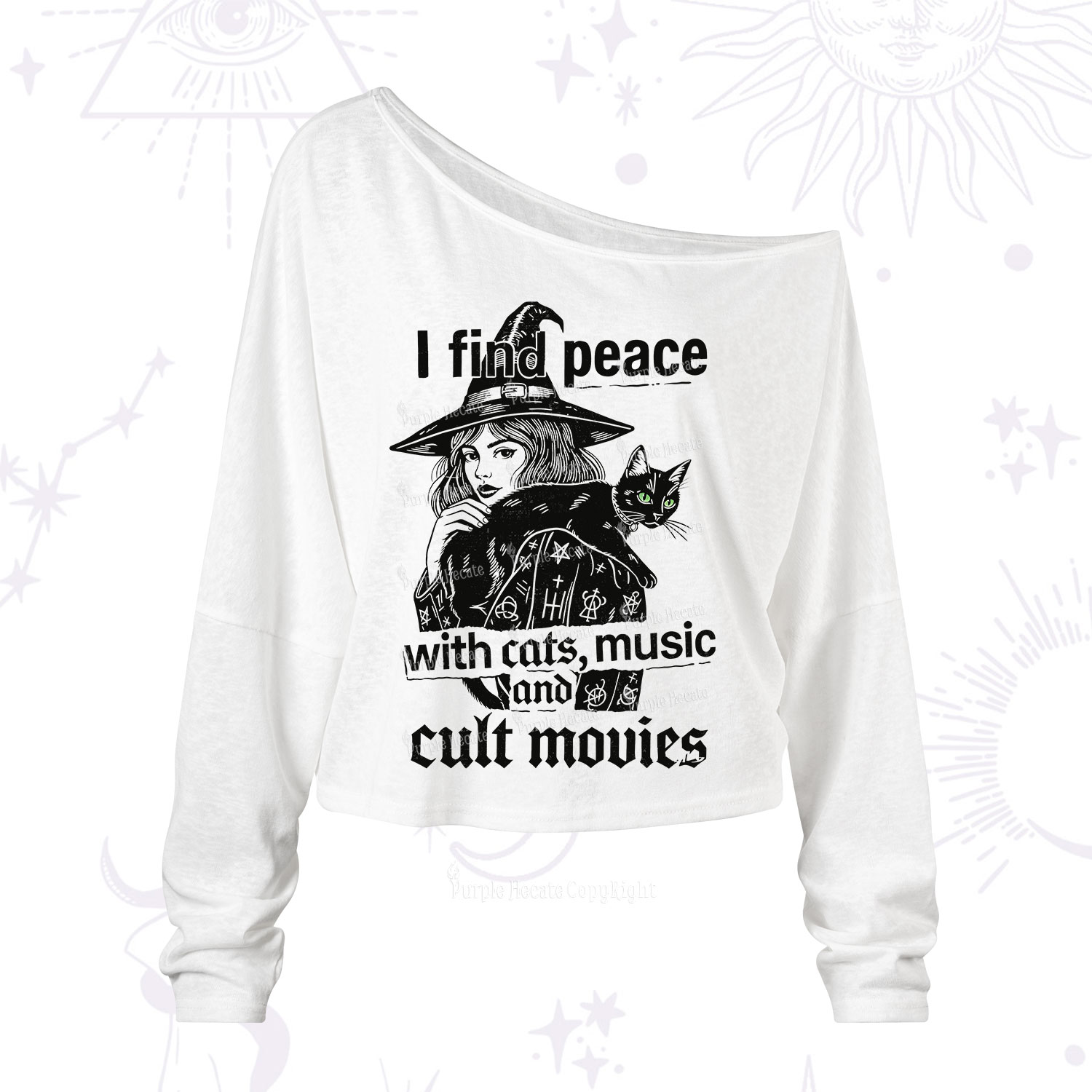 Purplehecate I Find Peace With Cats Music Cult Movies One Shoulder Long Sleeve Shirt