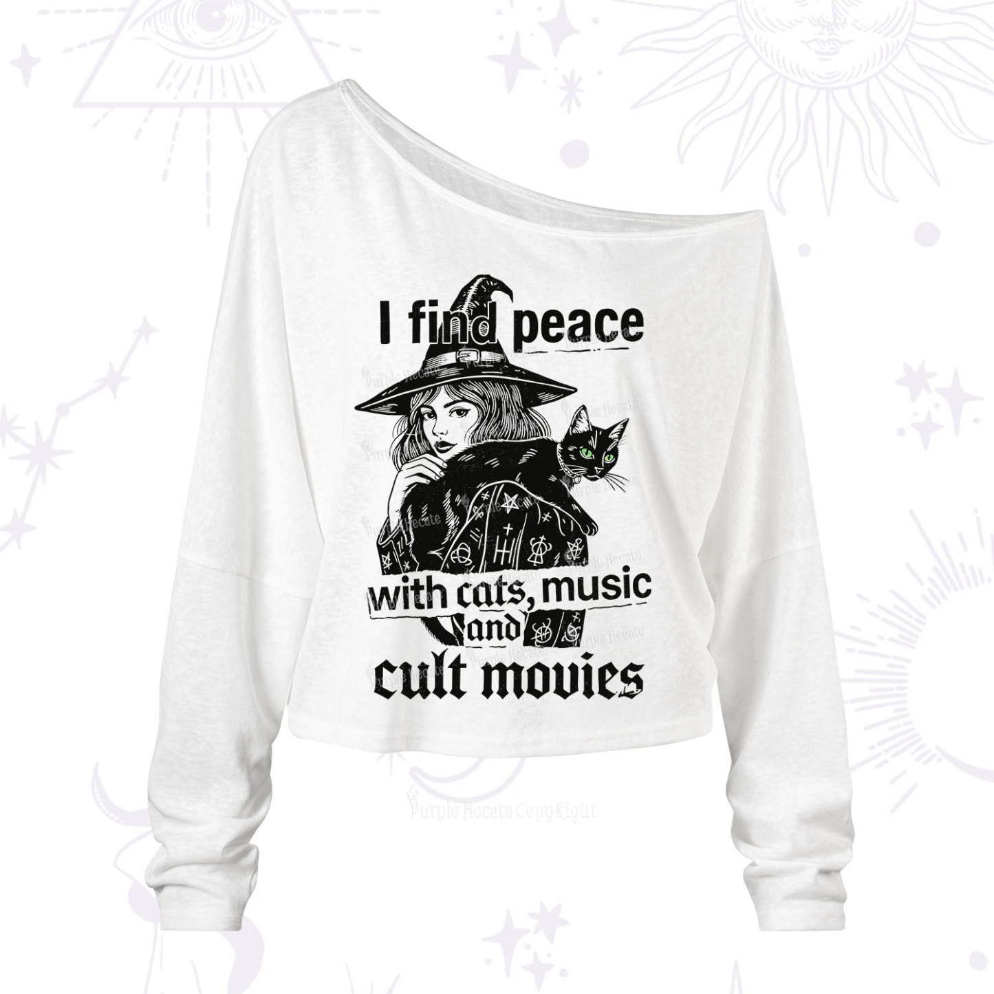 Purplehecate I Find Peace With Cats Music Cult Movies One Shoulder Long Sleeve Shirt