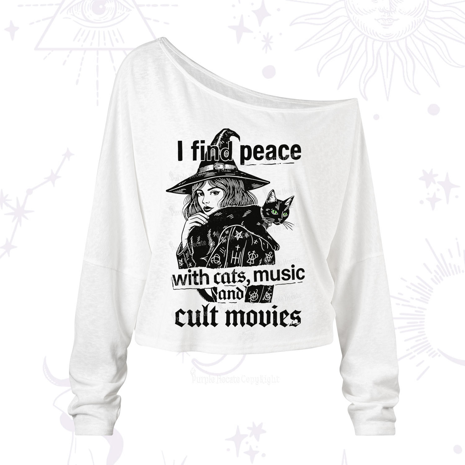 Purplehecate I Find Peace With Cats Music Cult Movies One Shoulder Long Sleeve Shirt