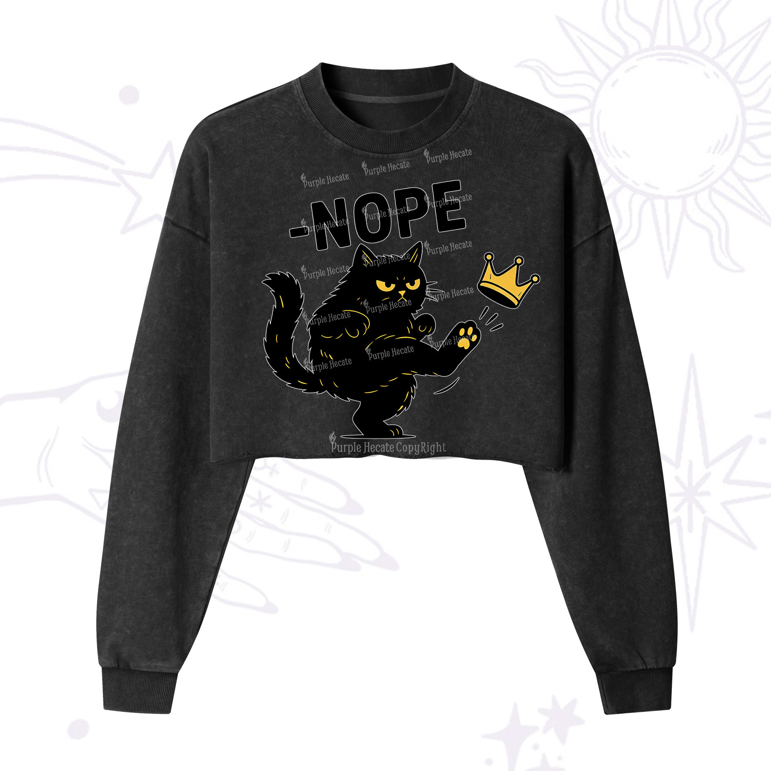 Purplehecate No Kings Black Cat Cropped Washed Sweatshirt