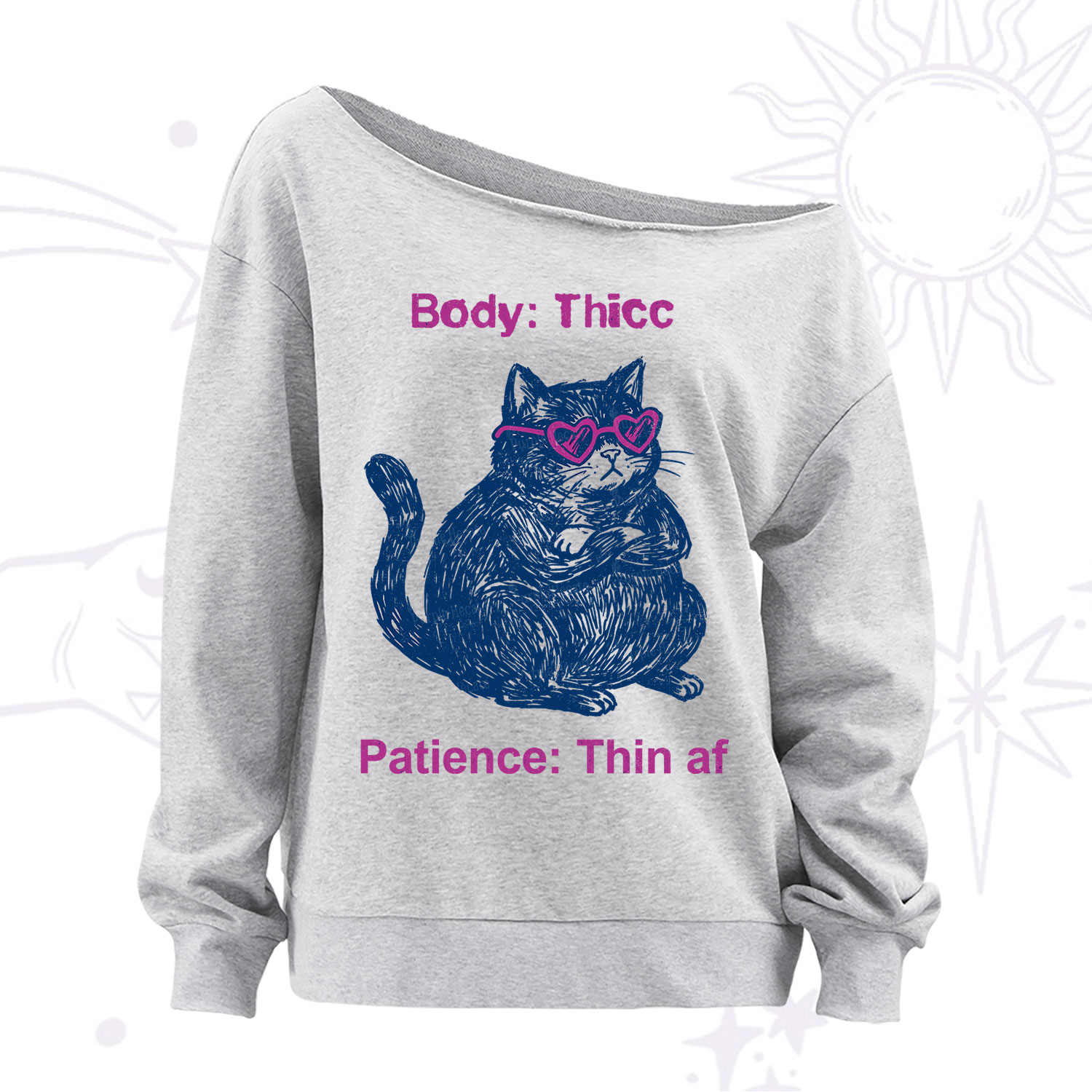 Purplehecate Body Thicc Patience Thin Af Cat Off The Shoulder Sweatshirt