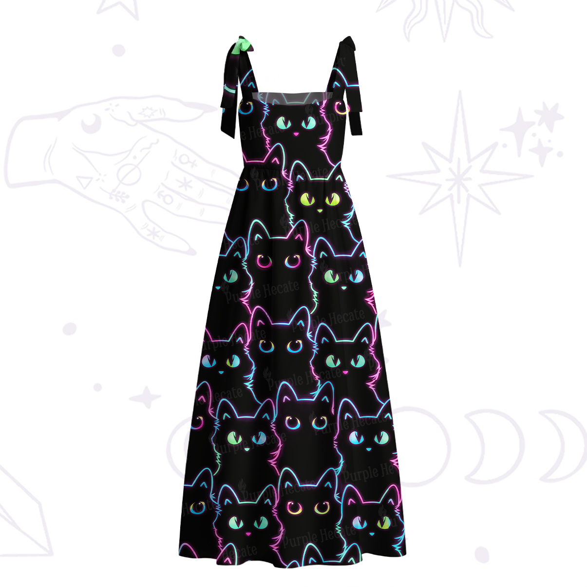 Purplehecate Neon Glow Stacked Cats Tie Shoulder Maxi Dress