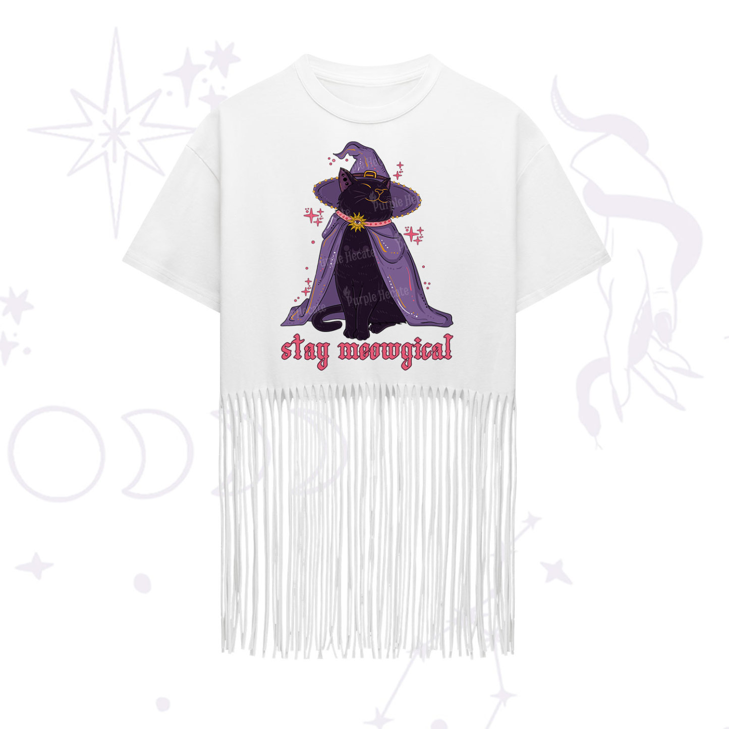 Purplehecate Stay Meowgical Cat Fringe Hem T-Shirt