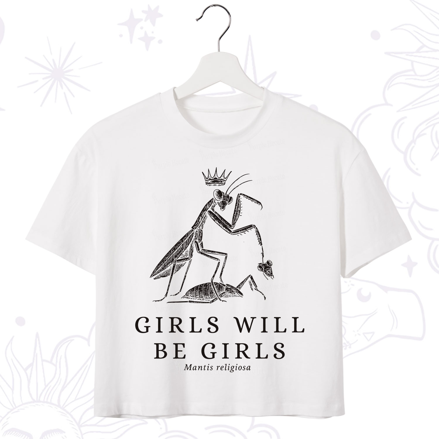 Purplehecate Girls Will Be Girls Funny Praying Mantis Crop T-Shirt