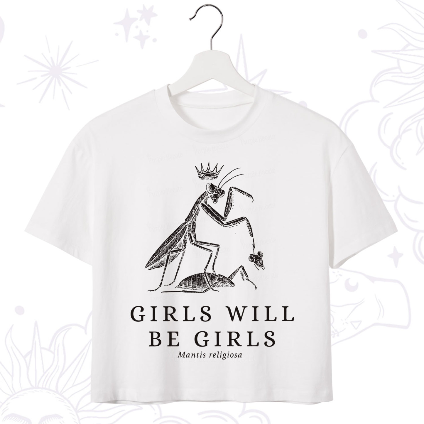 Purplehecate Girls Will Be Girls Funny Praying Mantis Crop T-Shirt