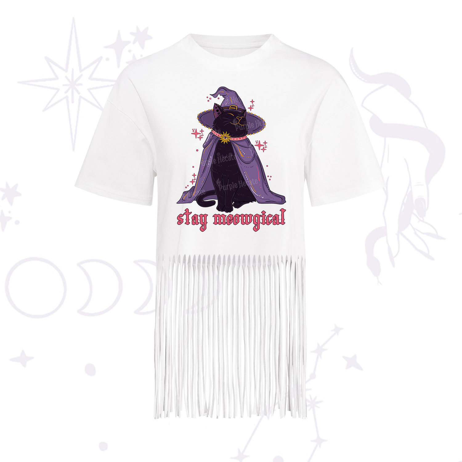 Purplehecate Stay Meowgical Cat Fringe Hem T-Shirt