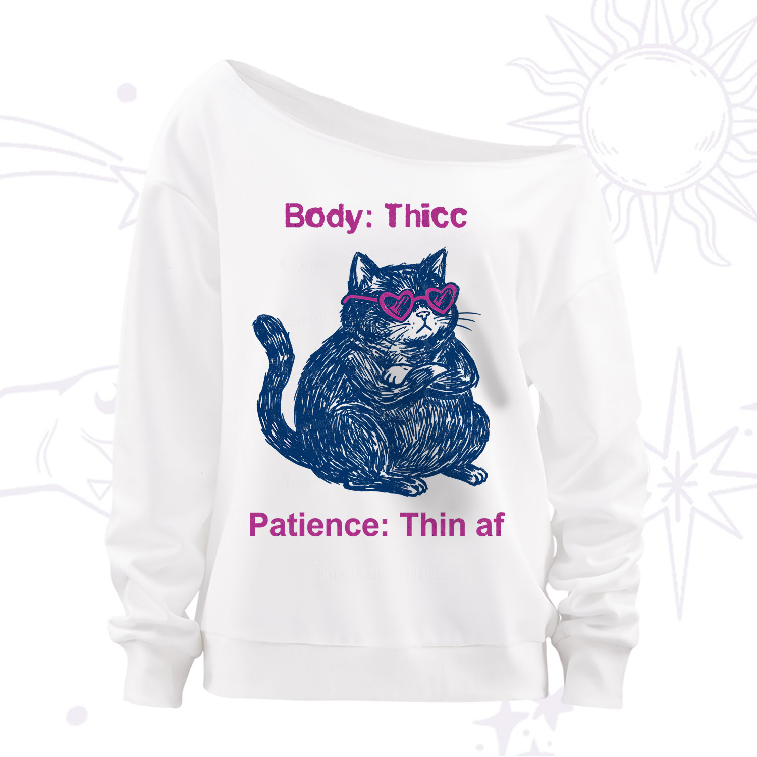 Purplehecate Body Thicc Patience Thin Af Cat Off The Shoulder Sweatshirt