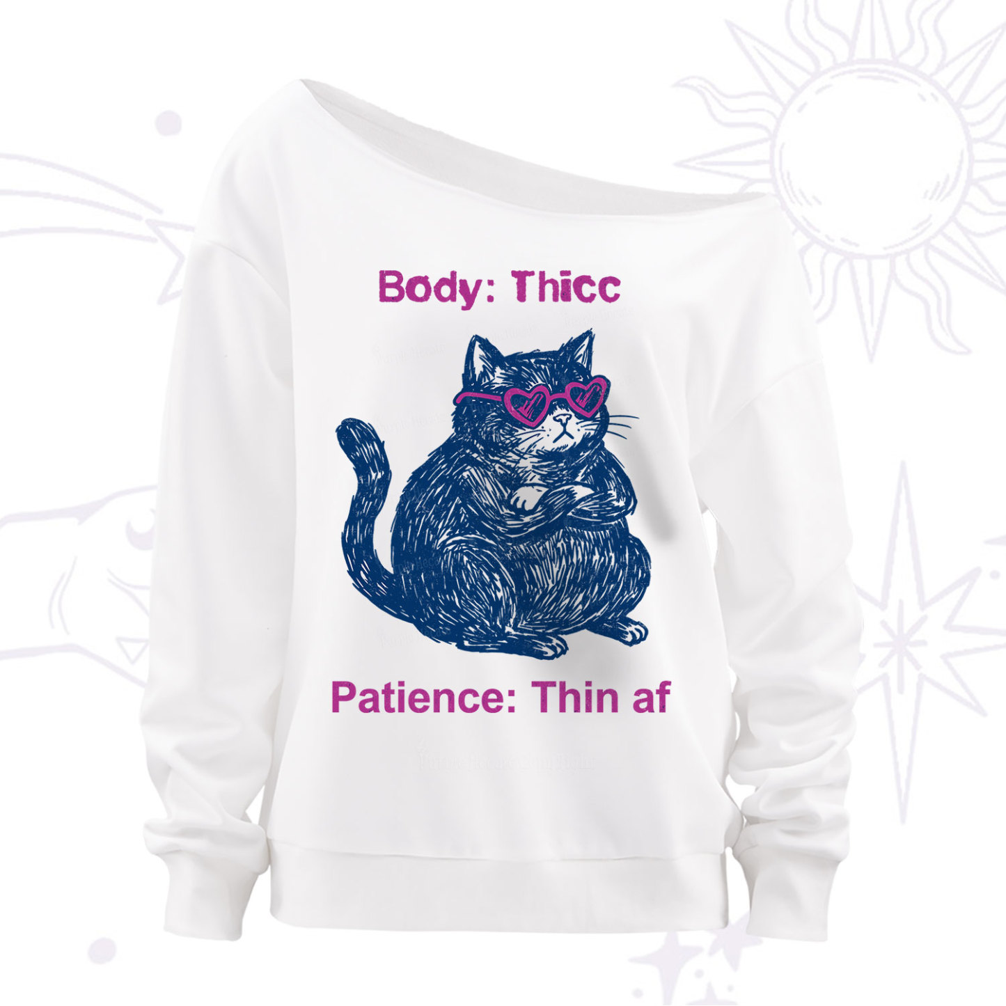 Purplehecate Body Thicc Patience Thin Af Cat Off The Shoulder Sweatshirt