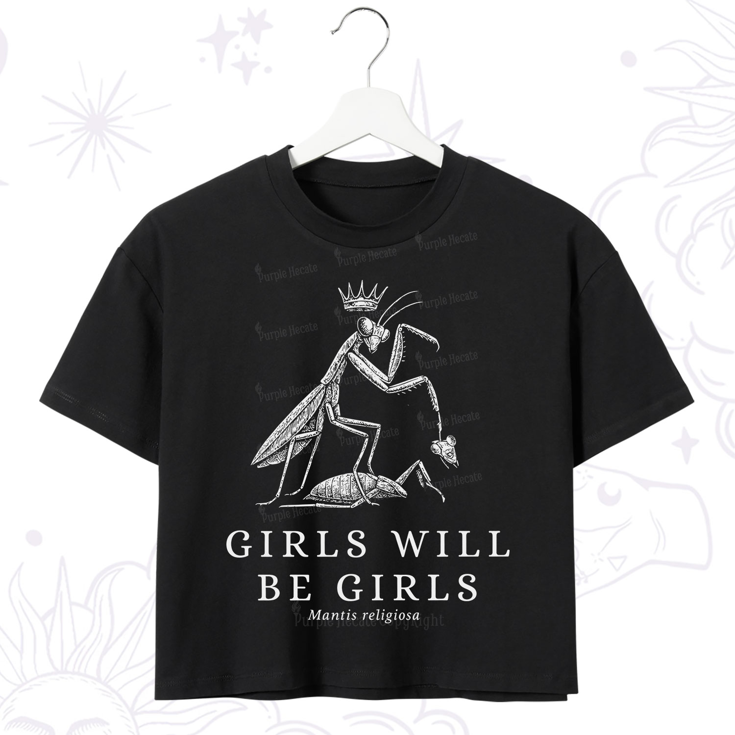 Purplehecate Girls Will Be Girls Funny Praying Mantis Crop T-Shirt