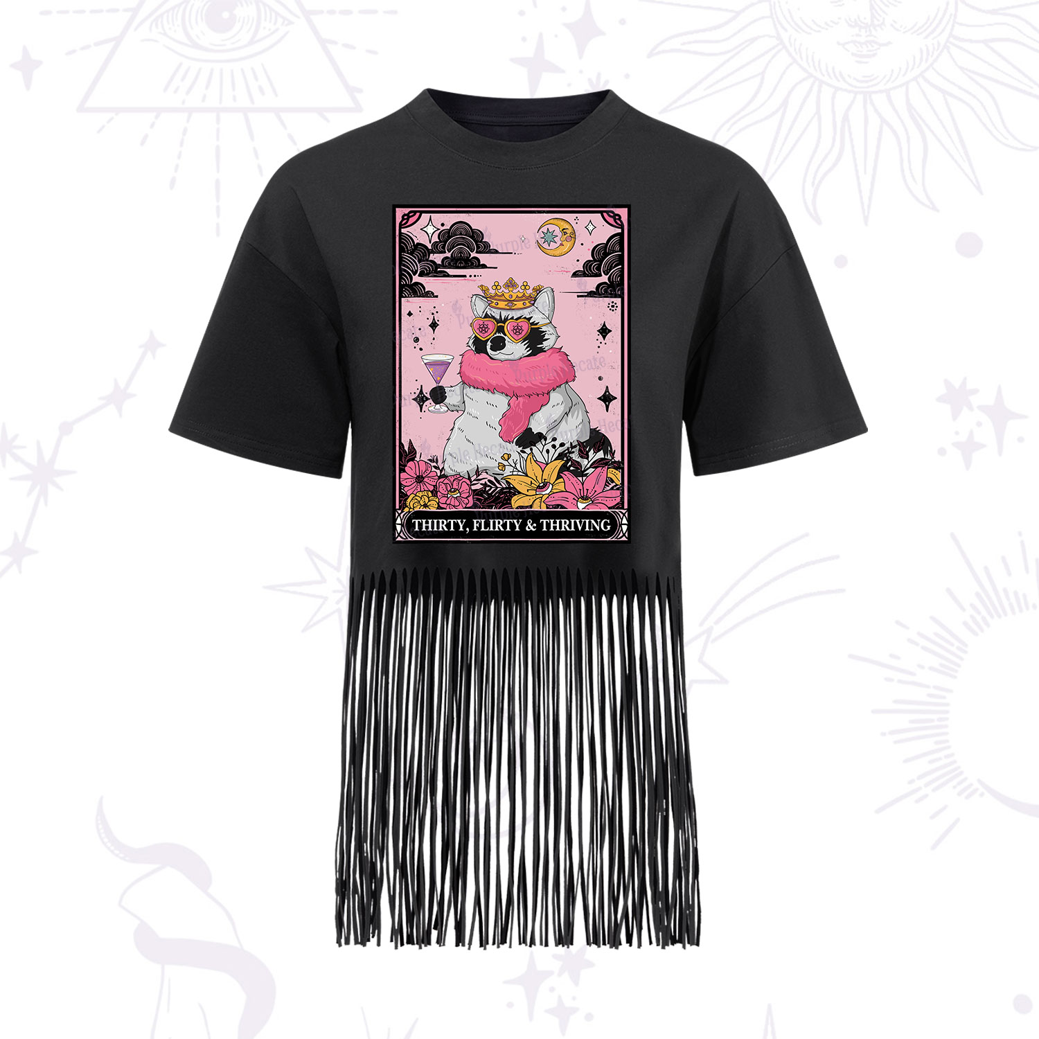Purplehecate The Thirty Flirty Thriving Oracle Card Fringe Hem T-Shirt