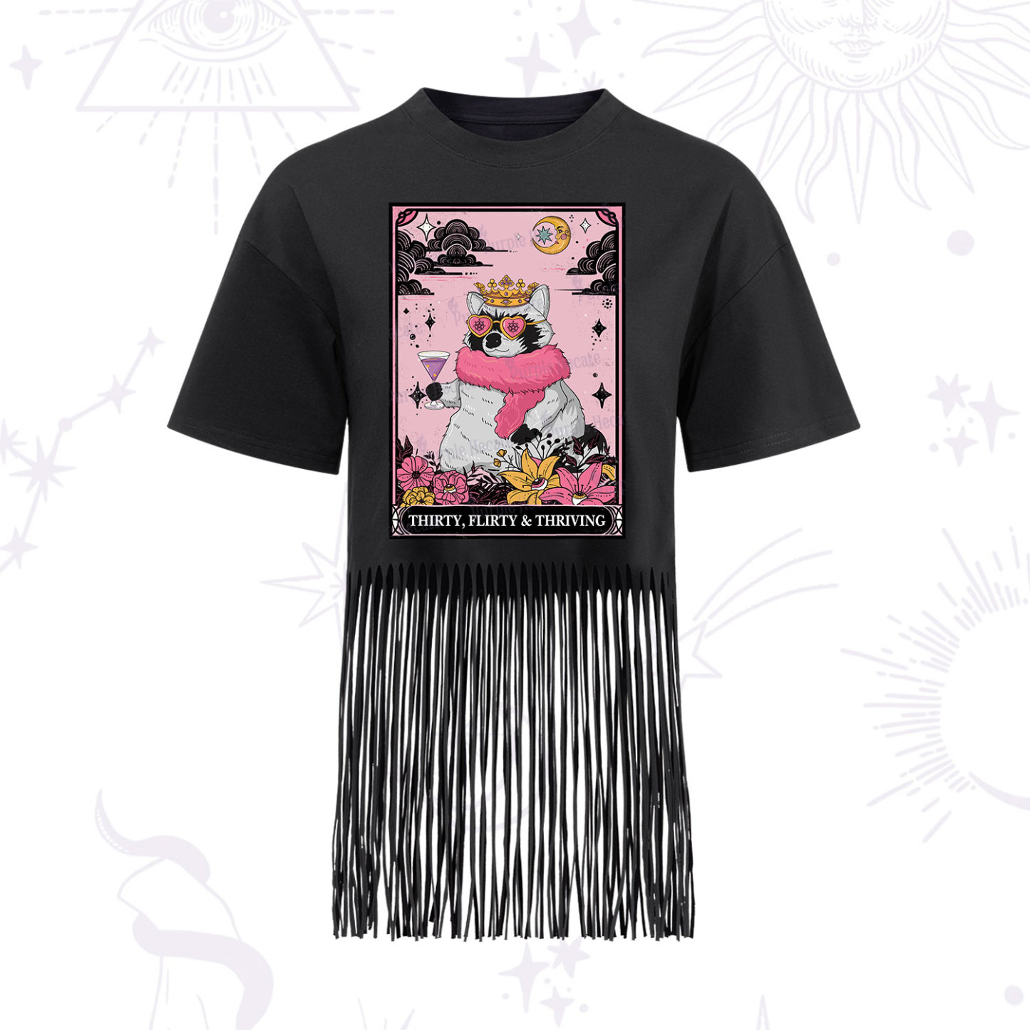 Purplehecate The Thirty Flirty Thriving Oracle Card Fringe Hem T-Shirt