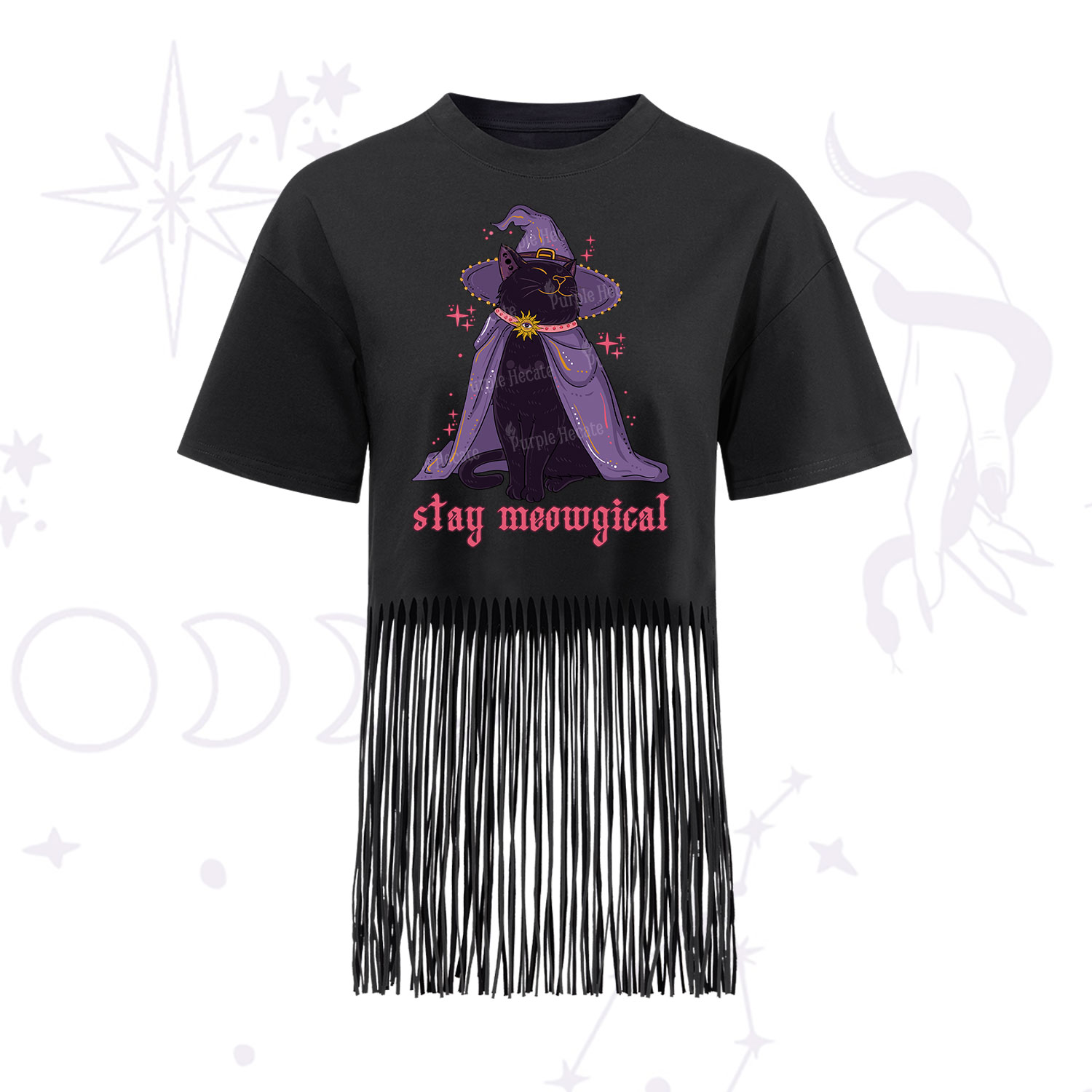 Purplehecate Stay Meowgical Cat Fringe Hem T-Shirt