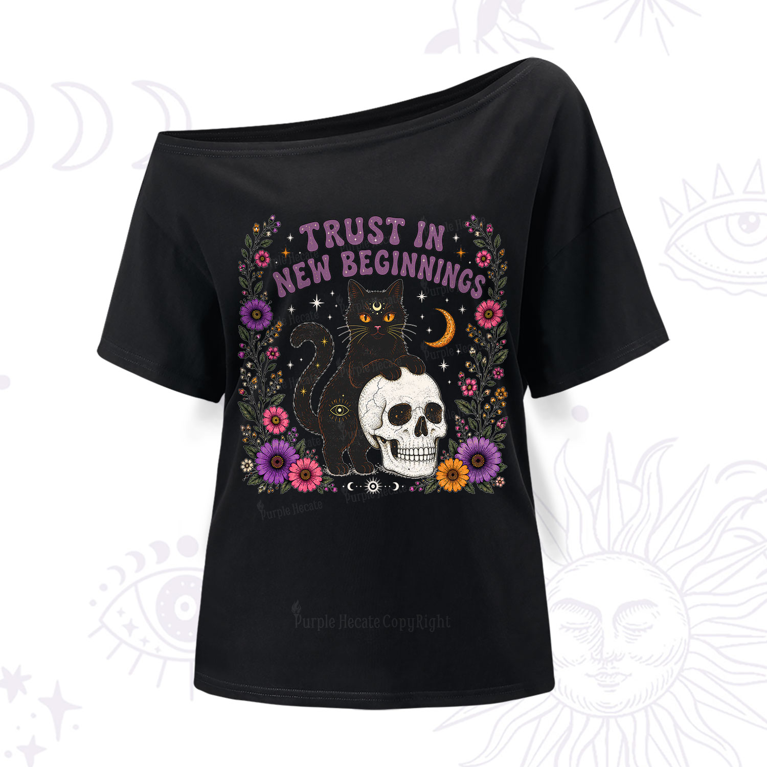 Purplehecate Trust in New Beginnings Black Cat One Shoulder T-Shirt