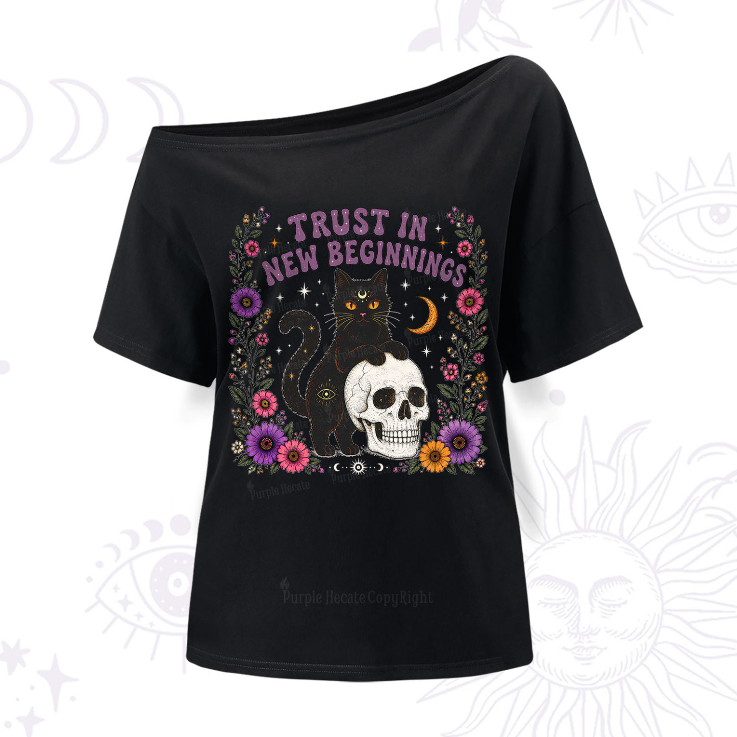 Purplehecate Trust in New Beginnings Black Cat One Shoulder T-Shirt