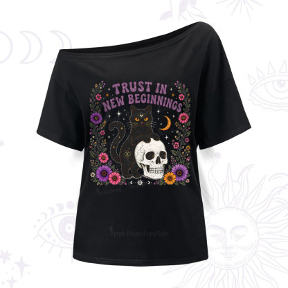 Purplehecate Trust in New Beginnings Black Cat One Shoulder T-Shirt