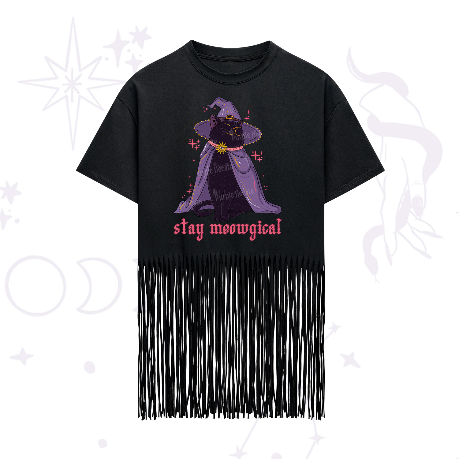 Purplehecate Stay Meowgical Cat Fringe Hem T-Shirt