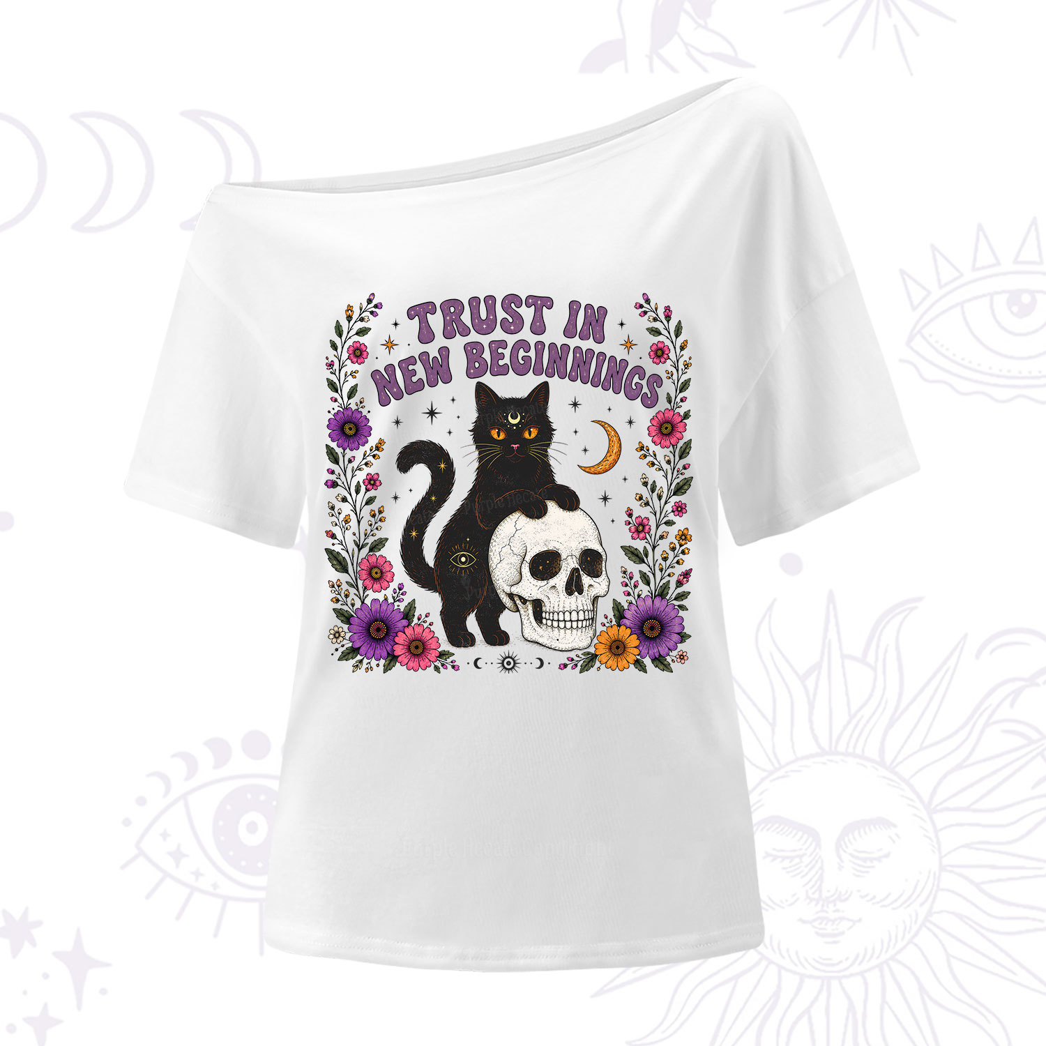 Purplehecate Trust in New Beginnings Black Cat One Shoulder T-Shirt