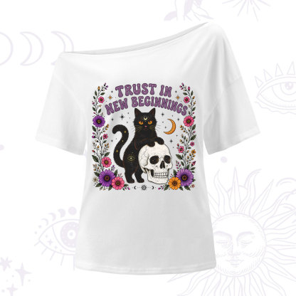 Purplehecate Trust in New Beginnings Black Cat One Shoulder T-Shirt