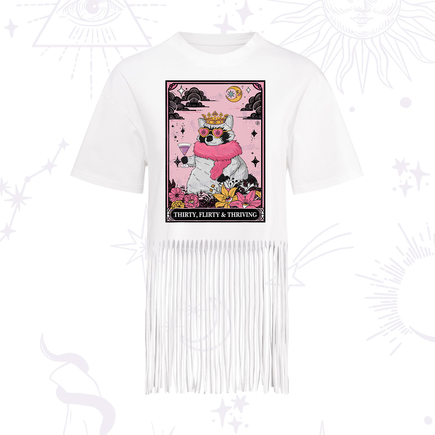 Purplehecate The Thirty Flirty Thriving Oracle Card Fringe Hem T-Shirt