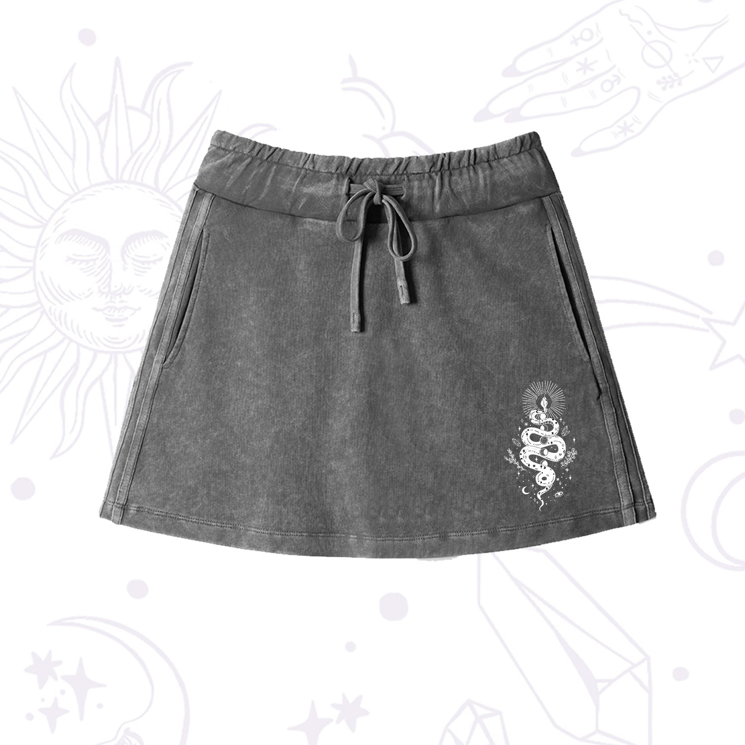 Purplehecate Mystical Moon Phases Snake Washed Drawstring Mini Skirt