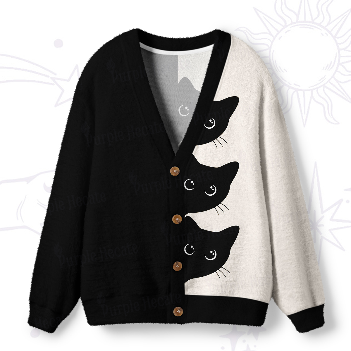 Purplehecate Three Peekaboo Black Cats Ugly Cardigan Sweaters