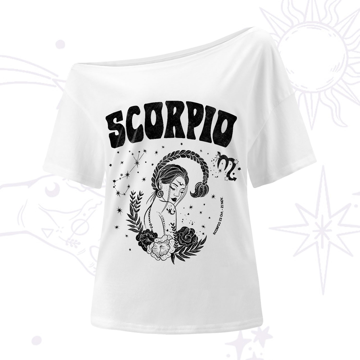 Purplehecate Scorpio Zodiac Glyphs One-Shoulder T-Shirt