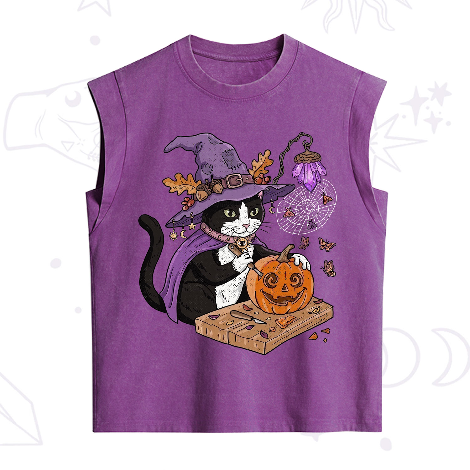 Purplehecate Pumpkin Carving Witch Cat Vintage Washed Tank