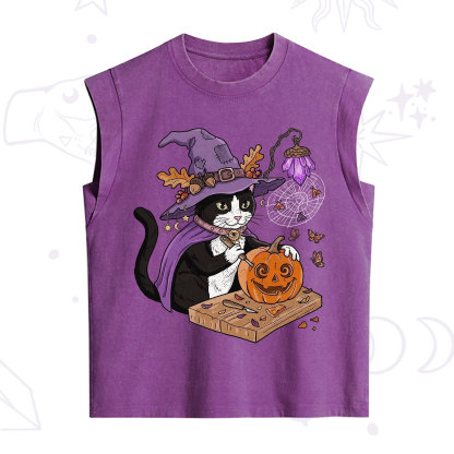 Purplehecate Pumpkin Carving Witch Cat Vintage Washed Tank