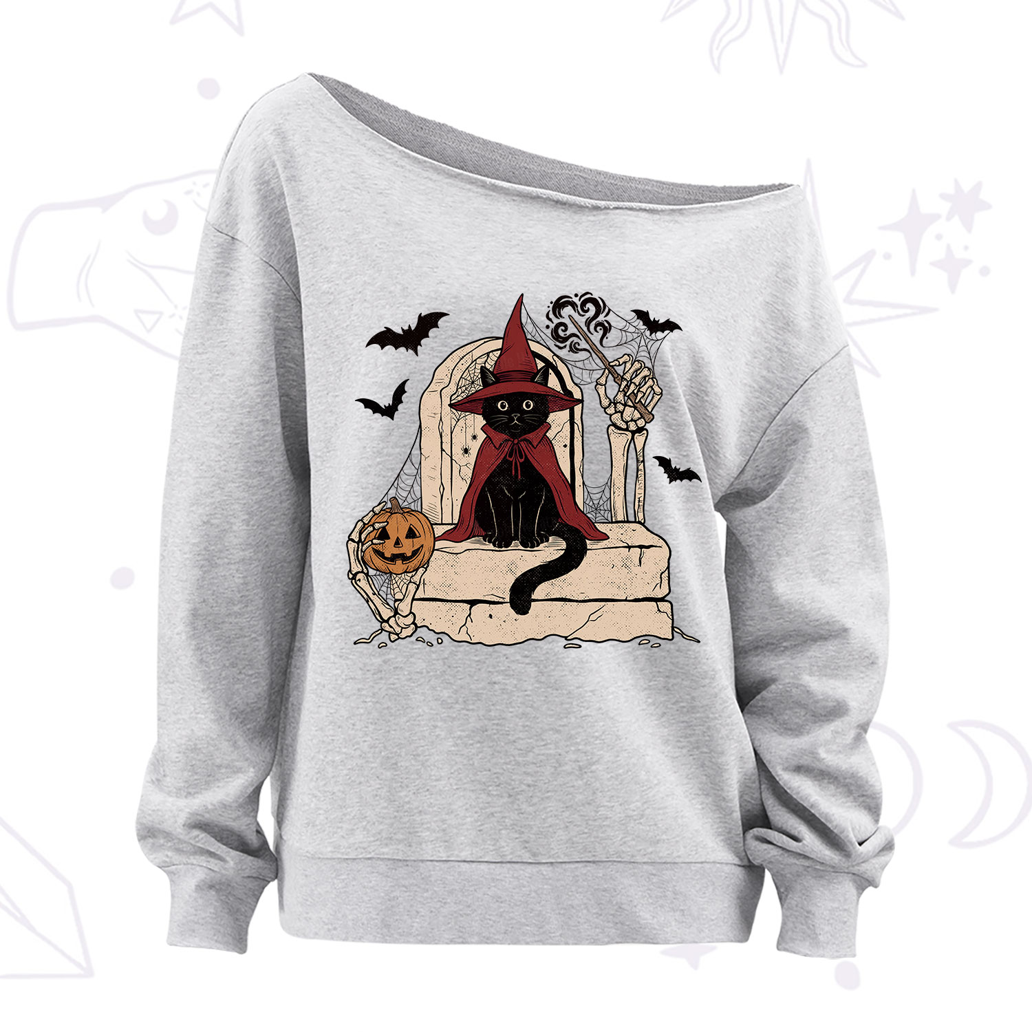 Purplehecate Wizard Black Cat on the Tombstone Halloween Off The Shoulder Sweatshirt