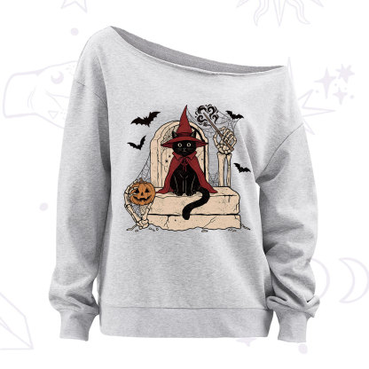 Purplehecate Wizard Black Cat on the Tombstone Halloween Off The Shoulder Sweatshirt