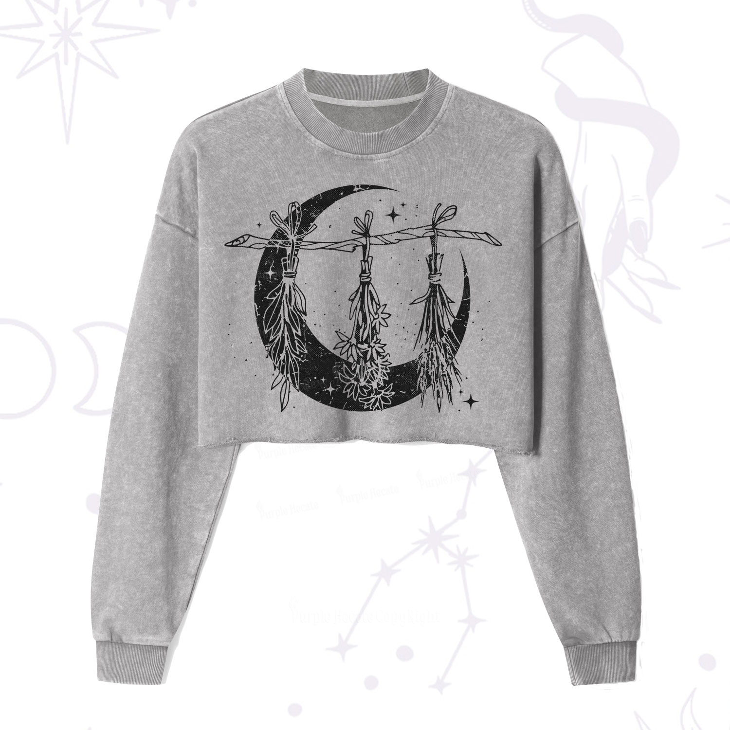Purplehecate Witchy Moon Herbs Cropped Washed Sweatshirt