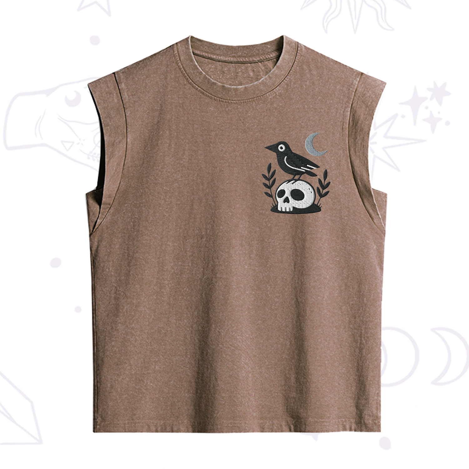 Purplehecate Witchy Crow Skull Embroidered Vintage Washed Tank