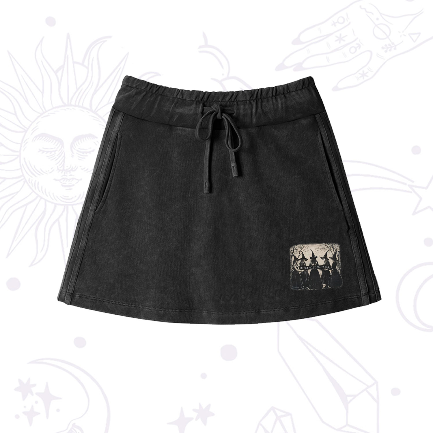 Purplehecate Girls Will Be Girls Witch Washed Drawstring Mini Skirt