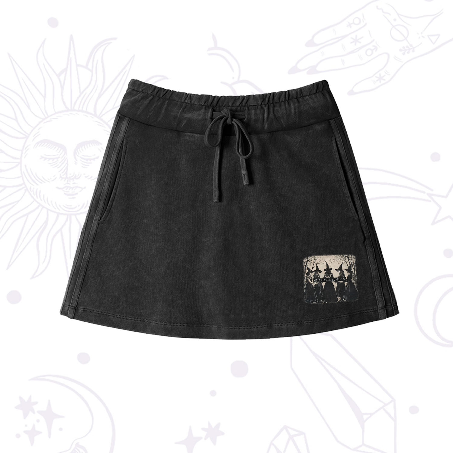Purplehecate Girls Will Be Girls Witch Washed Drawstring Mini Skirt