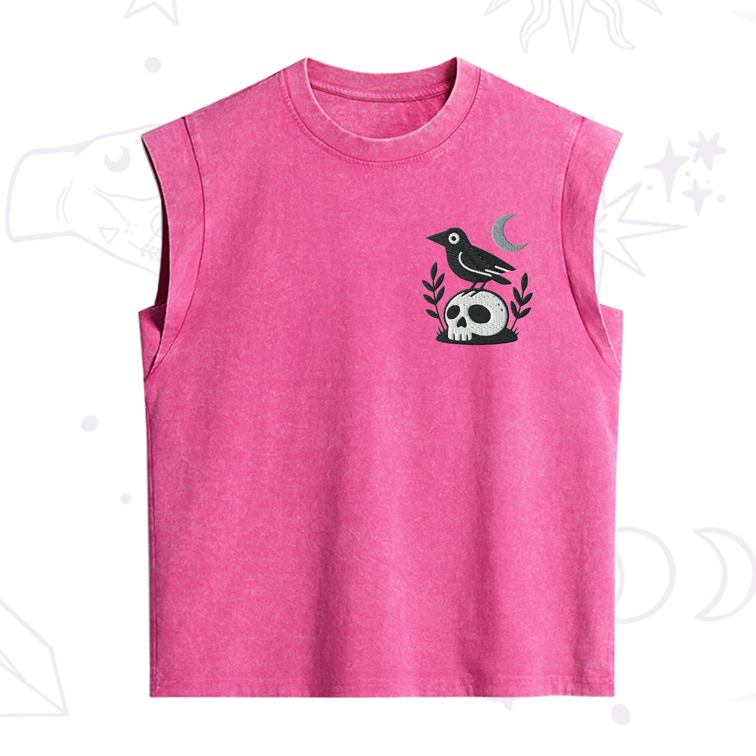Purplehecate Witchy Crow Skull Embroidered Vintage Washed Tank