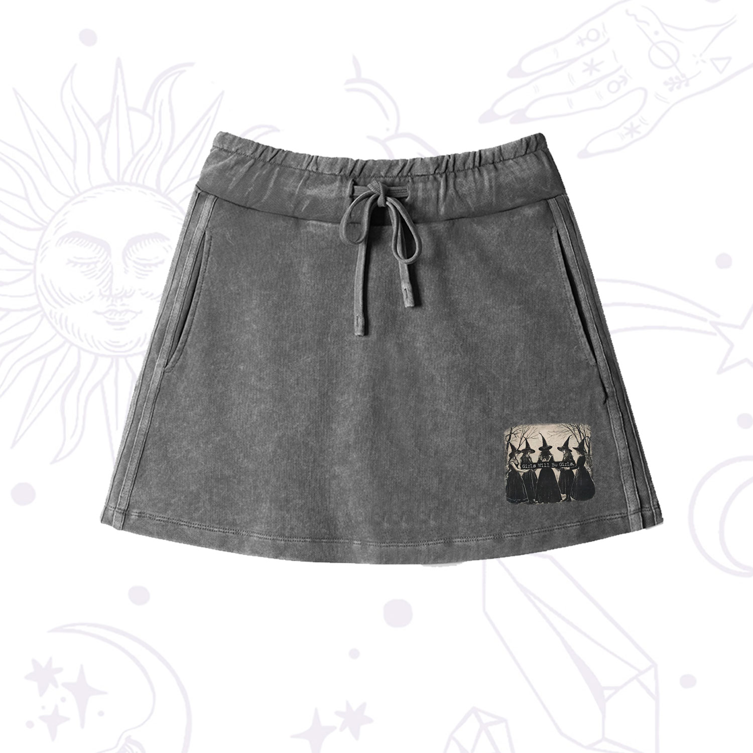 Purplehecate Girls Will Be Girls Witch Washed Drawstring Mini Skirt