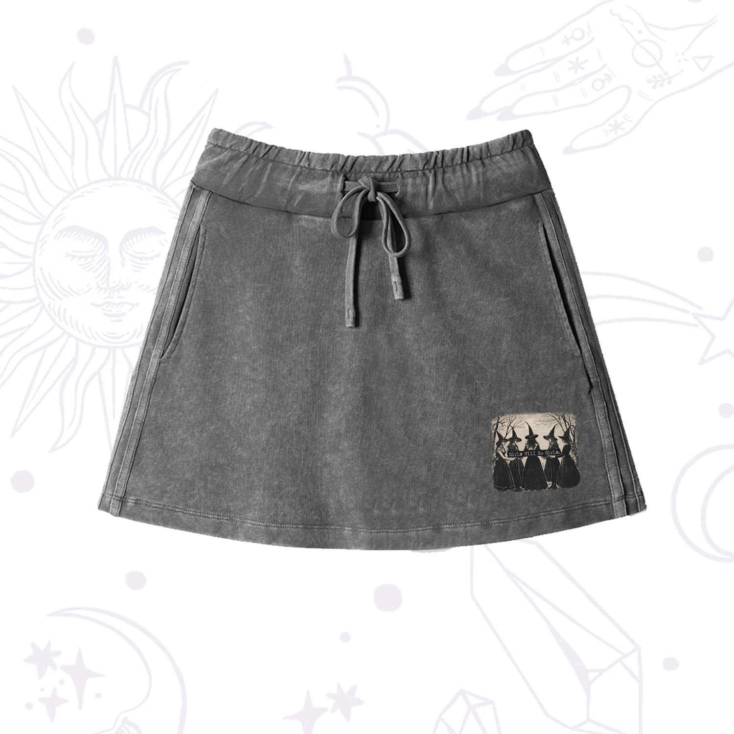 Purplehecate Girls Will Be Girls Witch Washed Drawstring Mini Skirt