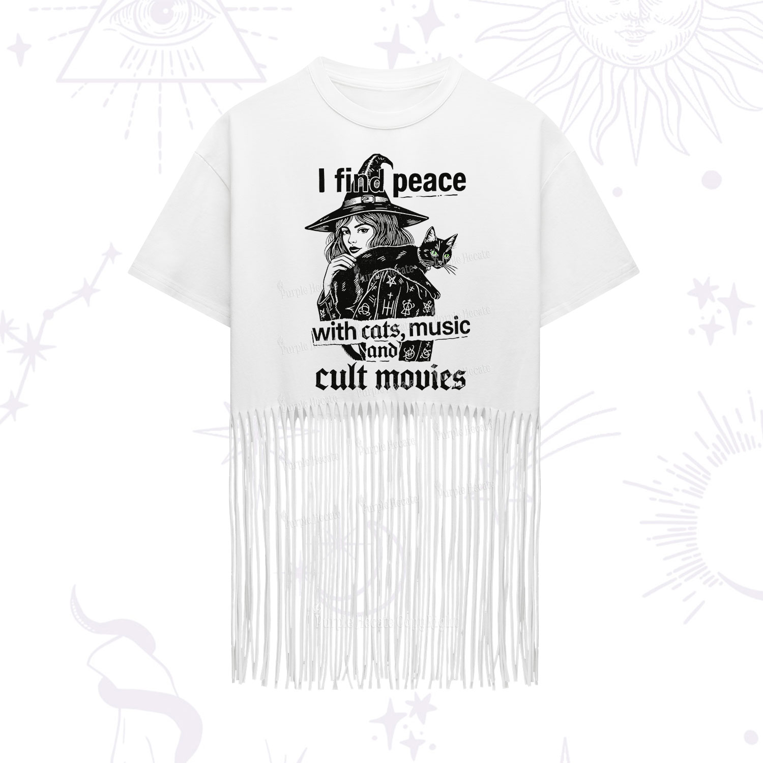 Purplehecate I Find Peace With Cats Music Cult Movies Fringe Hem T-Shirt