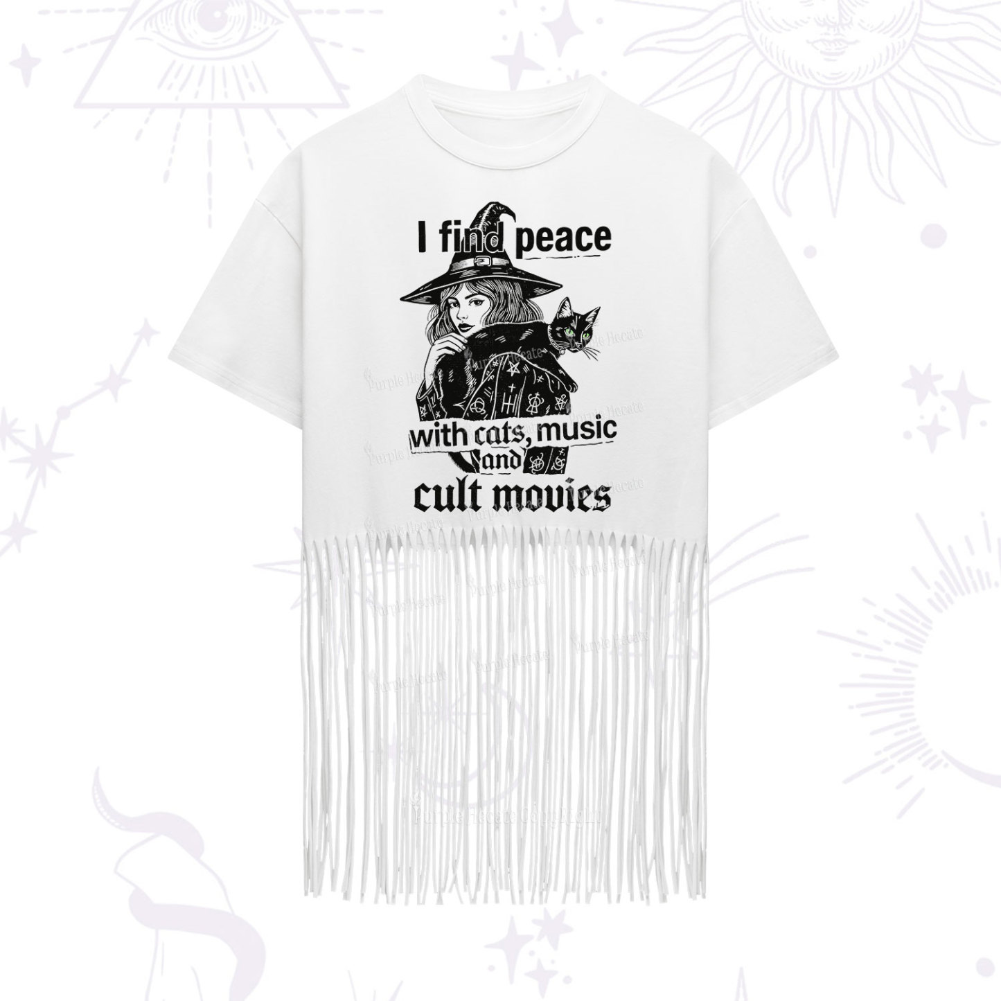 Purplehecate I Find Peace With Cats Music Cult Movies Fringe Hem T-Shi