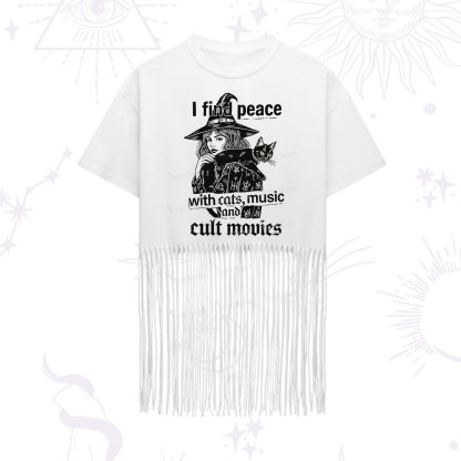 Purplehecate I Find Peace With Cats Music Cult Movies Fringe Hem T-Shirt