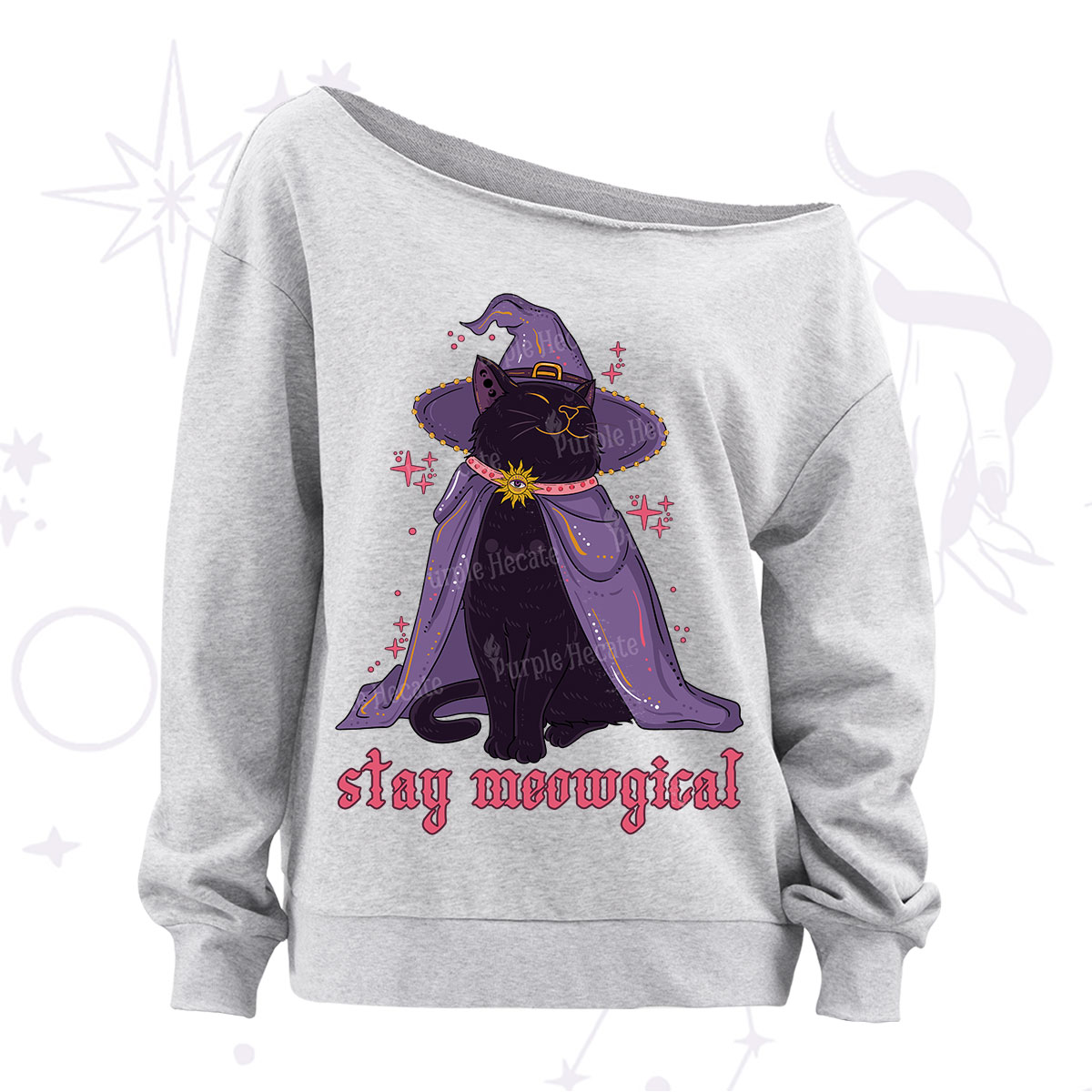 Purplehecate Stay Meowgical Cat Off The Shoulder Sweatshirt