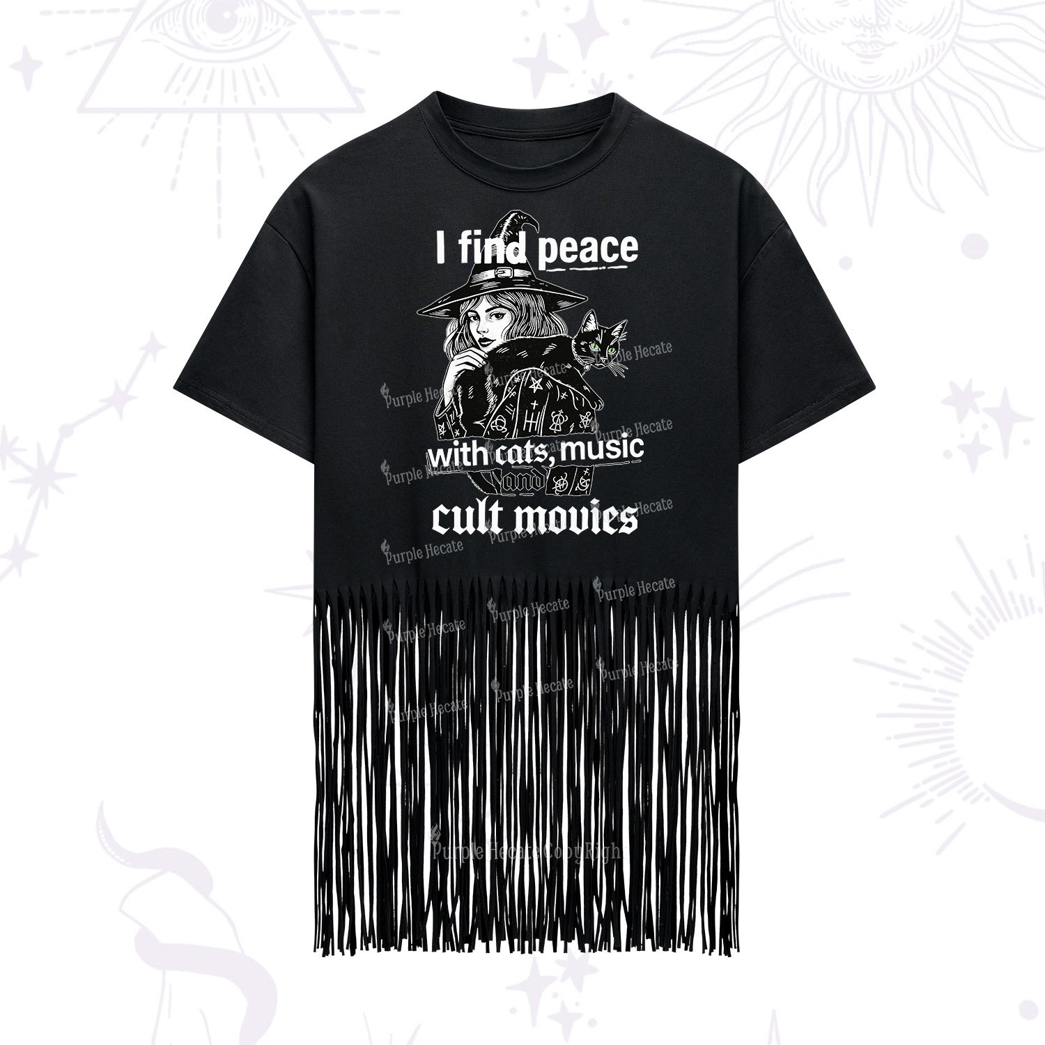 Purplehecate I Find Peace With Cats Music Cult Movies Fringe Hem T-Shirt