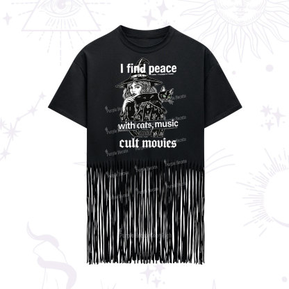 Purplehecate I Find Peace With Cats Music Cult Movies Fringe Hem T-Shirt