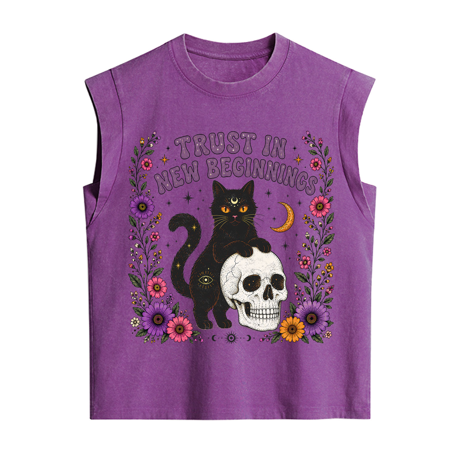 Purplehecate Trust in New Beginnings Black Cat Vintage Washed Tank